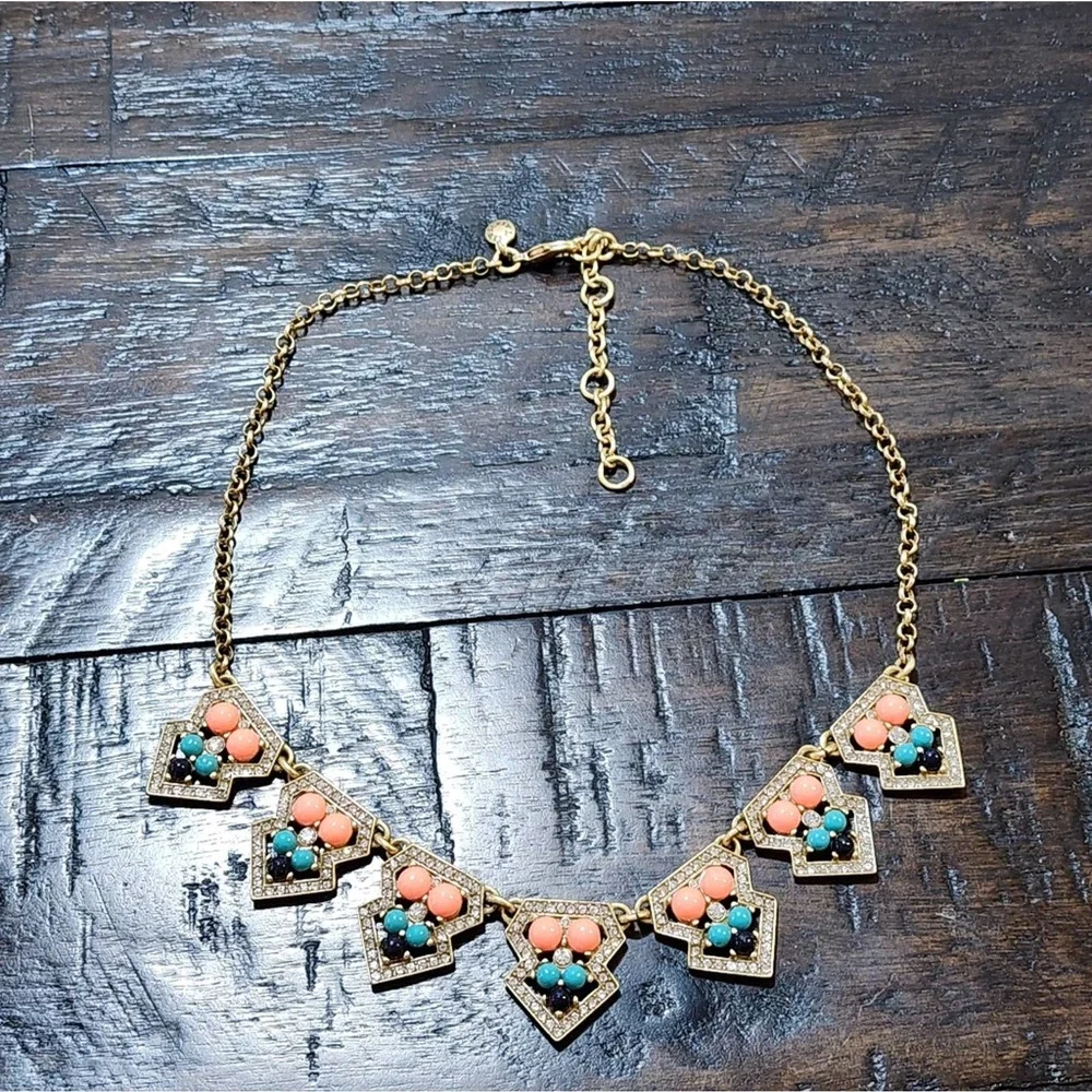 J. Crew gold peach and teal art‎ deco vintage vibes necklace